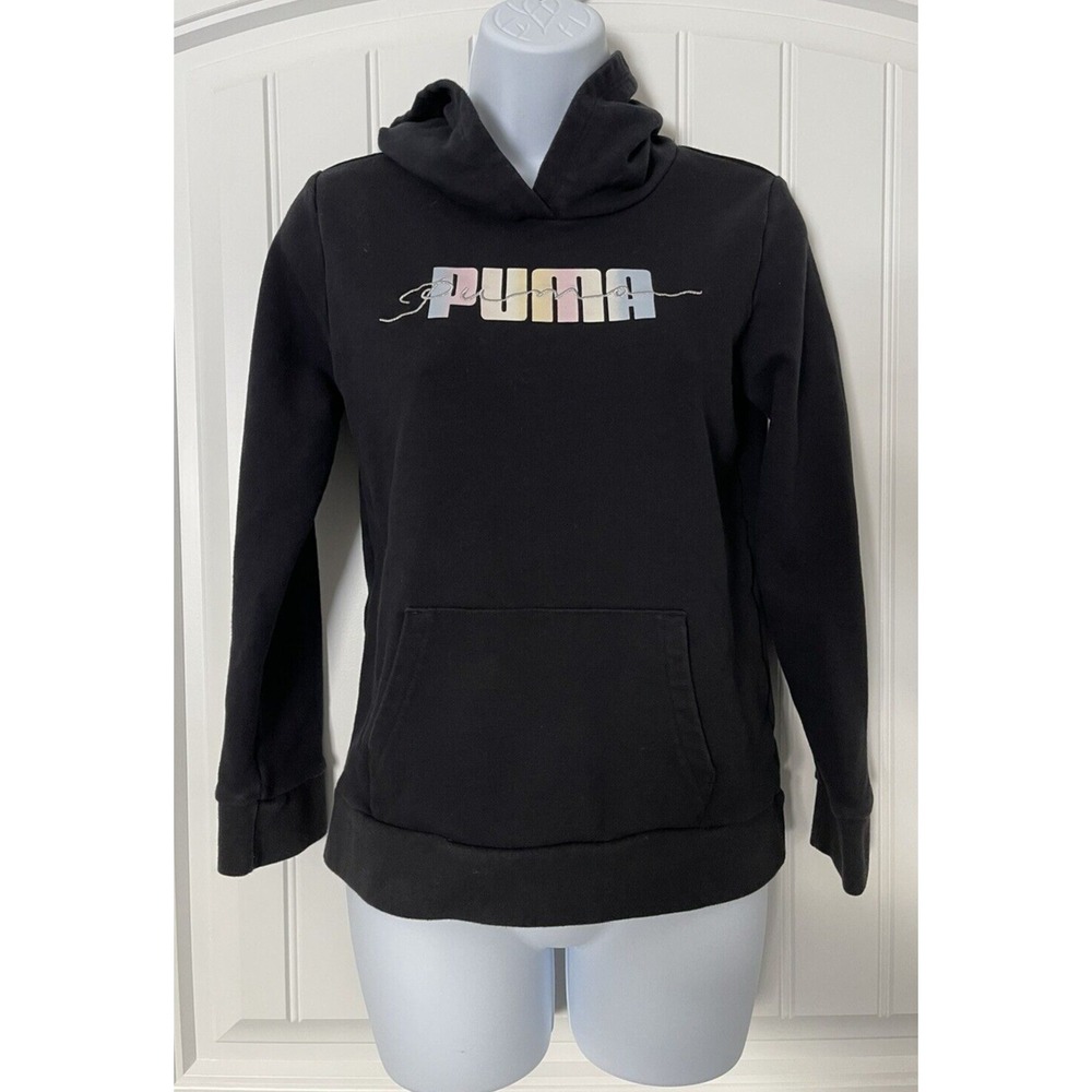 Puma Girl Size Large 14/16 Black Logo Graphic Long Sleeve Hoodie Sweater